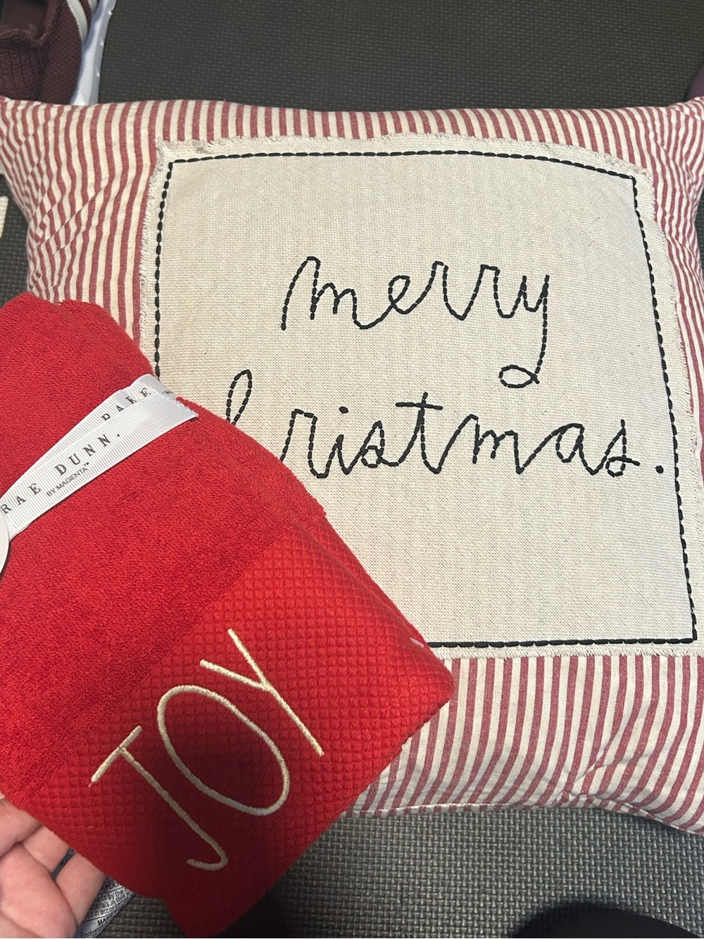 Rae Dunn Christmas throw pillow & hand towels